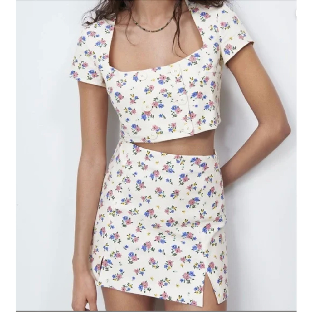 Zara Floral Two Piece Set S Linen Blend Crop Top Skirt Cottagecore Spring Summer